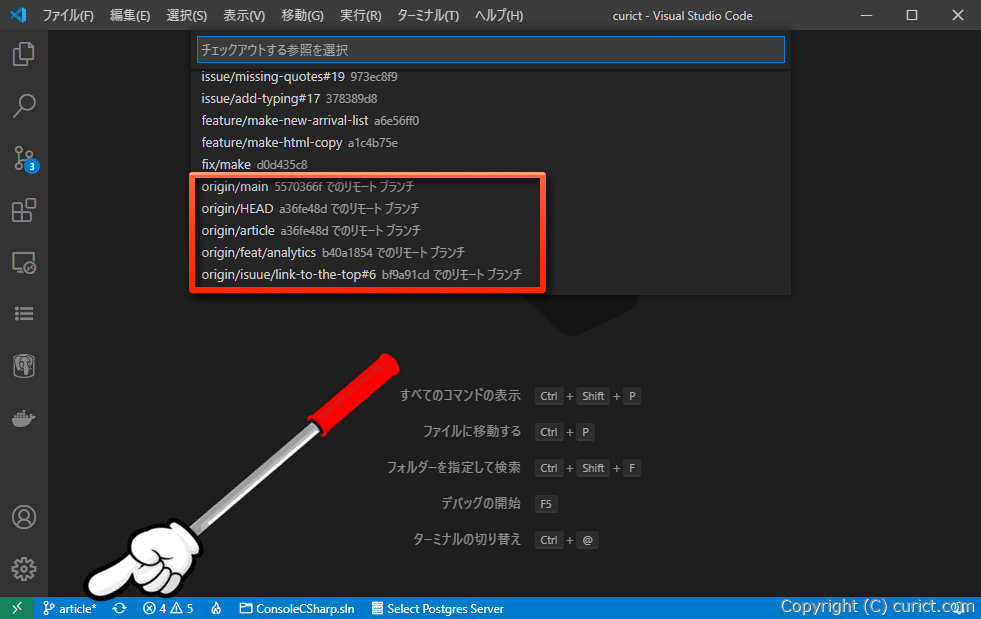 Visual Studio Code - Git:フェッチ、 Prune 有無の違い
